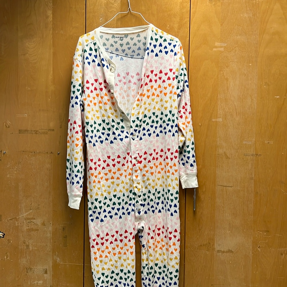 Old Navy White Rainbow Heart Print One-Piece Pajama